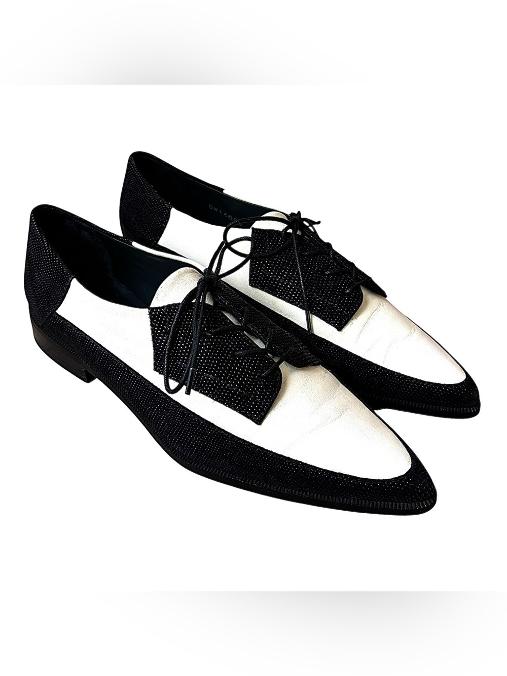 STUART WEITZMAN Black Pebbled Suede & White Leather Derby Flat